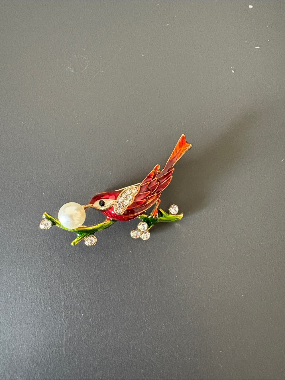 Red Enamel Bird Brooch with Pearl and Crystal Accents